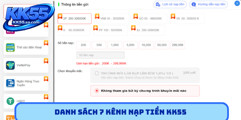 Danh sách 7 kênh nạp tiền KK55